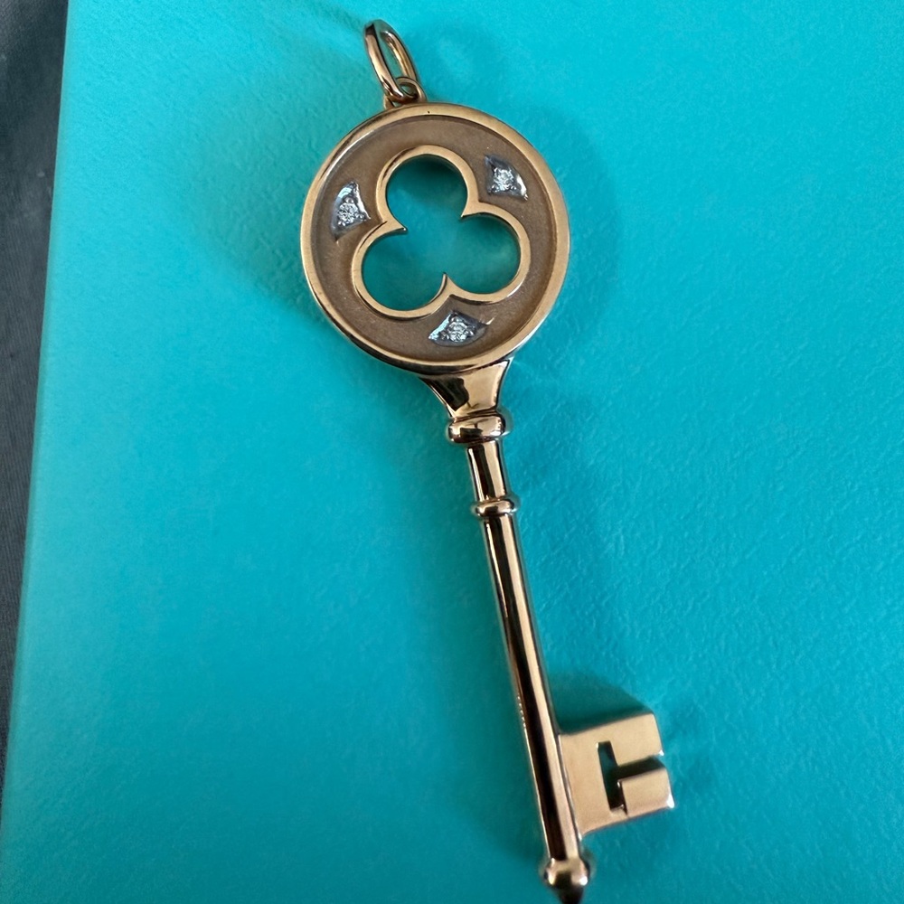 Tiffany and Co 18k Rose Gold Key Pendant Charm with diamonds